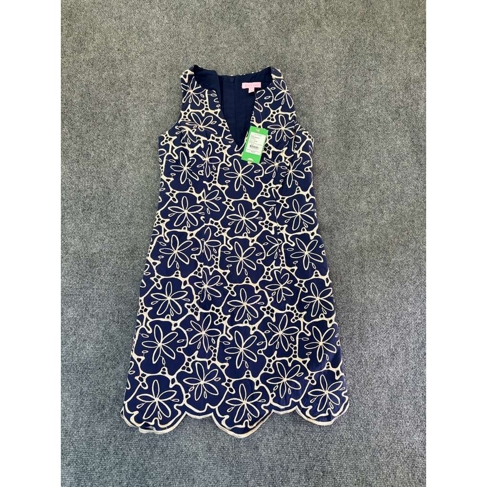 NWT Lilly Pulitzer Dress Women 2 Blue Augusta Shift Gold Embroidered Sand Dollar
